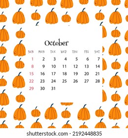 2023 Calendar for October. Vector illustration of month calendar on seamless pattern with cute pumpkins in cartoon flat style. Colorful backgroud with month grid