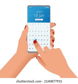 2023 calendar on application. Woman holding with smartphone 2023 calendar app