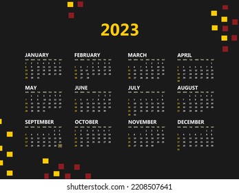 2023 calendar on black background with white numbers and letters. The design consists of yellow and pink squares. Vector illustration on a dark background