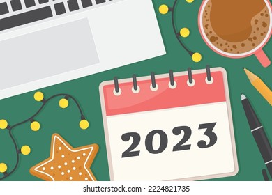 2023 calendar on the desk with laptop, christmas lights, coffee cup, pencil, pen; flat lay composition - vector illustration