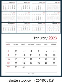 Calendario 2023. Organizador y planificador para todos los días. Domingo Comenzar. 12 meses. Diseño de pared. Limpiar plantilla. Calendario de año imprimible, Calendario anual de pared, Calendario de escritorio
