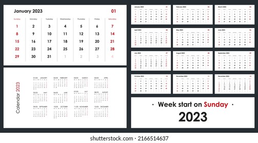 2023 Calendar organizer and planner for every day. Week start on Sunday. 12 months set. Wall layout. Clear template.
