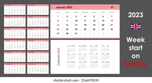 2023 Calendar organizer and planner for every day. Week start on Sunday. 12 months set. Wall layout. Clear template.