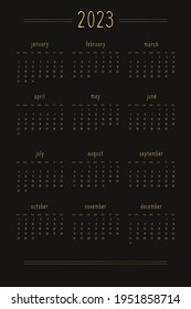 2023 calendar for personal planner diary notebook, gold on black luxury rich style. Vertical portrait format. Week starts on sunday