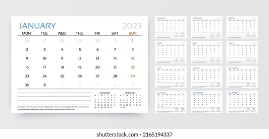 2023 calendar. Planner, calender template. Week starts Monday. Yearly stationery organizer. Table schedule grid with 12 month. Corporate monthly diary layout. Vector illustration. Horizontal design