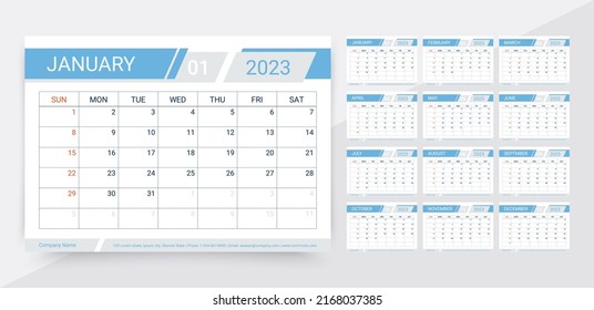 2023 calendar. Planner, calender template. Week starts Sunday. Yearly organizer. Table schedule grid with 12 month. Corporate monthly diary layout. Horizontal simple design.  Vector illustration.