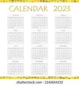 2023 calendar planner. Corporate week. Template layout, 12 months yearly, white background. Simple design for business brochure, flyer, print media, advertisement. Week starts from Monday