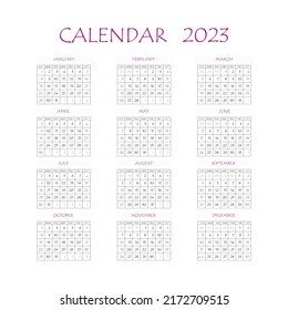 2023 calendar planner. Corporate week. Template layout, 12 months yearly, white background. Simple design for business brochure, flyer, print media, advertisement. Week starts from Monday