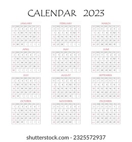 2023 calendar planner. Corporate week. Template layout, 12 months yearly, white background. Simple design for business brochure, flyer, print media, advertisement. Week starts from Monday