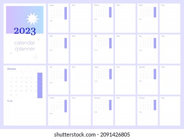 2023 calendar planner. Daily, weekly, monthly planner template. Printable to do list. Business organizer page. Paper sheet. Week starts on Monday. Trendy scheduler 12 month editable a3, a4, a5. 