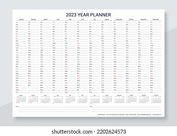 2023 calendar planner. Desk calender template. Annual daily organizer. Agenda diary with 12 months. Schedule page in English. Week starts Sunday. Business vector illustration. Simple design. svg