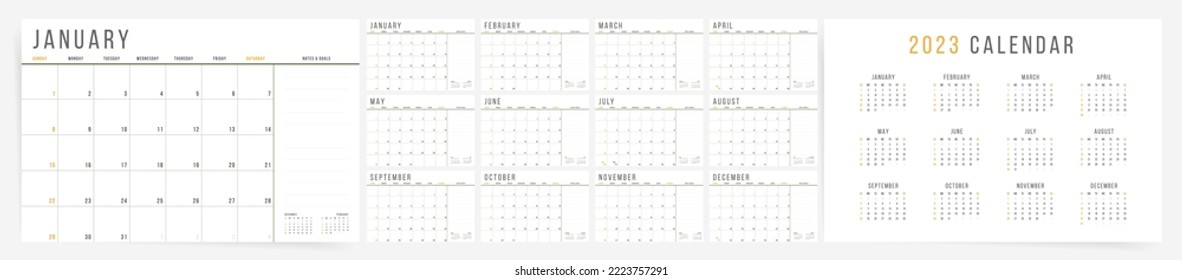 plantilla de planificador de calendario 2023. Calendario anual clásico de vectores corporativos para 2023 año. Conjunto de 12 páginas con espacio para notas.