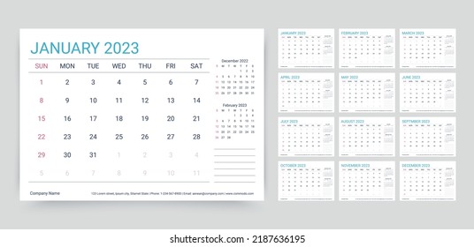 2023 Calendar. Planner Template. Desk Schedule Layout. Week Starts Sunday. Yearly Calender Organizer. Table Monthly Diary Grid With 12 Month. Vector Illustration. Horizontal Design. Paper Size A5.