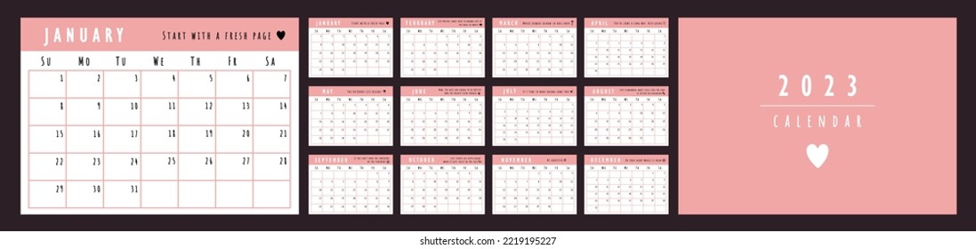 Plantilla de planificador de calendarios 2023 con comillas. La semana empieza el domingo. Muro rosa lindo calendario. Conjunto de 12 meses