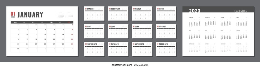 Vorlage für den Kalender 2023. Vektor-einfache Rastergestaltung für Wand- oder Schreibtischkalender mit Wochenstart am Montag für Druck