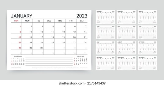 calendario 2023. Plantilla de planificador. La semana comienza el domingo. Cuadrícula de programación de escritorio. Organizador anual de calendario. Diseño diario de tabla mensual con 12 meses. Ilustración vectorial. Diseño horizontal. Tamaño de papel A5.