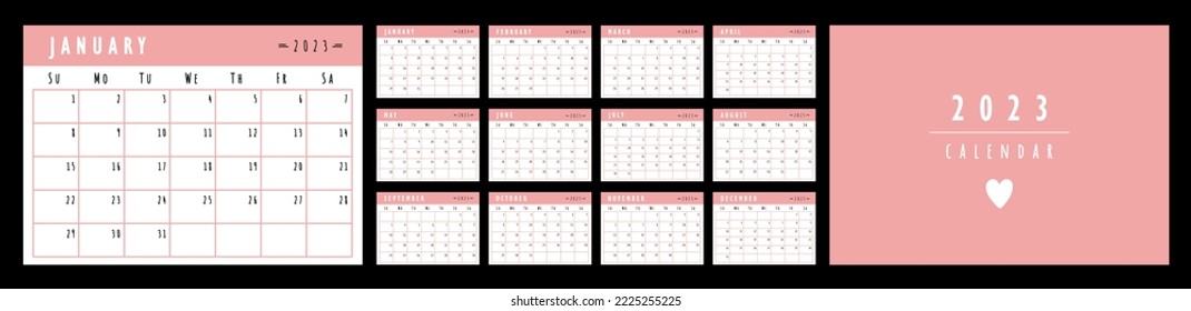 2023 Calendar planner template. The week starts on Sunday. Pink wall calendar. Set of 12 months. Vector illustration	
