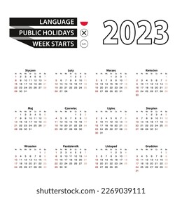 2023 calendar in Polish language, week starts from Sunday. Vector Illustration.