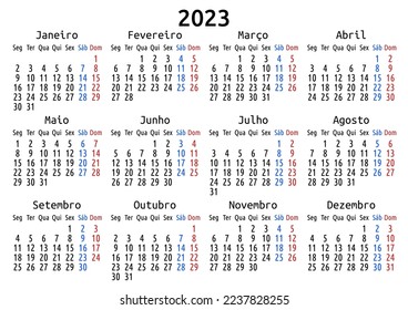 2023 calendar, Portuguese, Monday. Vector template for A4 or A5 paper. One page per year. Translated as: January, February, March, April, May, June, July, August, September, October, November,December