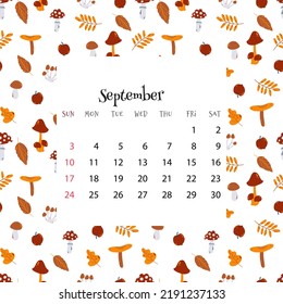 2023 Calendar for September. Vector illustration of month calendar on seamless pattern with autumn leaves and mushrooms in cartoon flat style. Colorful backgroud with month grid