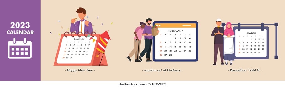 2023 calendar set. January, February and March month. Colored flat graphic vector illustration isolated.