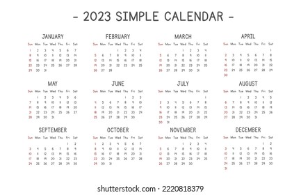 2023 calendar in simple style vector illustration. Simple classic monthly calendar design for 2023 in a clean cartoon font. The week starts Sunday. Minimalist calendar planner year 2023 template print
