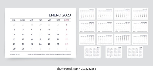 calendario 2023. Plantilla de calendario de planificadores españoles. La semana empieza el lunes. Planilla de escritorio de España con 12 meses. Distribución anual del organizador. Diario horizontal mensual, A5. Ilustración vectorial simple. 