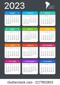 2023 calendar - Spanish South Latin American Version - Vector Template