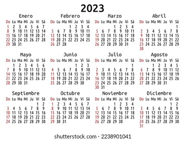 2023 calendar, Spanish, Sunday. Vector template for A4 or A5 paper. One page per year. Translated as: January, February, March, April, May, June, July, August, September, October, November, December