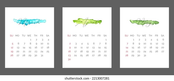 calendario 2023. Calendario de los meses de primavera de 2023 (marzo, abril, mayo). calendario 2023 con salpicaduras de acuarela dibujadas a mano.