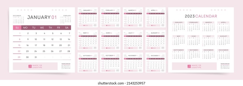 2023 Calendar square template design. Week starts on Sunday. Pink office calendar for businesswoman. Desktop square planner in simple clean style. Corporate or business calendar. Vector layout.	