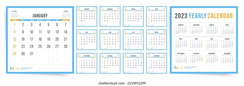 2023 Calendar square template design. Week starts on Sunday. Blue square calendar for business. Desktop planner in simple clean style. Corporate or office calendar. English vector calendar layout.