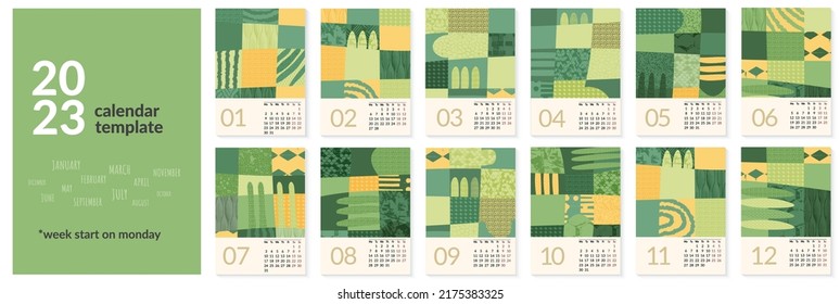 plantilla de calendario 2023 con paisaje abstracto de campo de naturaleza verde. Sencillo entorno ecológico. Concepto de diseño de calendarios con tema agrícola. Conjunto de 12 meses 2023 páginas. Ilustración del vector