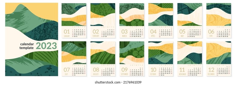 2023 calendar template with abstract green nature field landscape. Simple eco environment background. Calendar design concept with agriculture theme. Set of 12 months 2023 pages. Vector illustration