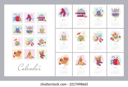 2023 calendar template. Calendar concept design with cozy subjects. Set of 12 months 2021 pages. Vector illustration