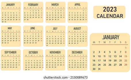 2023 calendar template design. Desktop calendar in simple style. Corporate or business calendar. English vector calendar.
