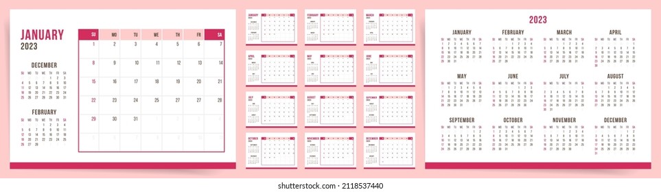 2023 Calendar template design. Week starts on Sunday pink office calendar for businesswoman. Desktop planner in simple clean style. Corporate or business calendar. English vector calendar layout.	 svg
