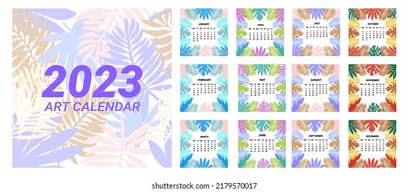 2023 calendar Template with exotic tropical leaves . Vector illustration with palm, monstera and banana leaves. Square format.