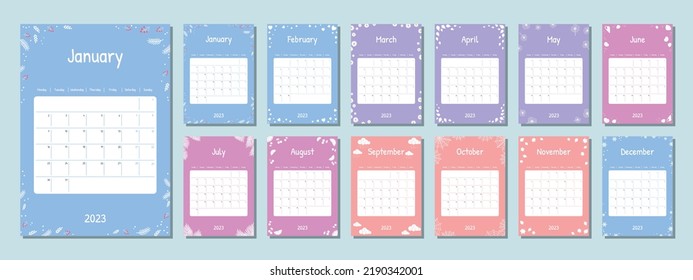 2023 calendar template. Kid planner diary. The week starts on Monday. Set of 12 months pages.