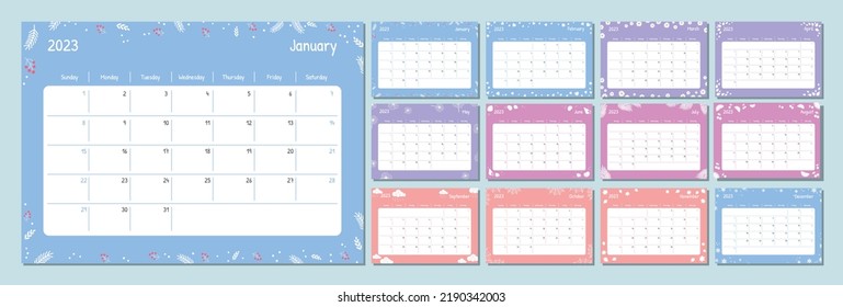 2023 calendar template. Kid planner diary. The week starts on Sunday. Set of 12 months pages.