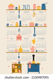 2023 calendar template with kitchen elements: old wood-burning stove, dried herbs and shelves with kitchenware. Week starts on Sunday. Vector illustration, flat style, vertical A4 format.