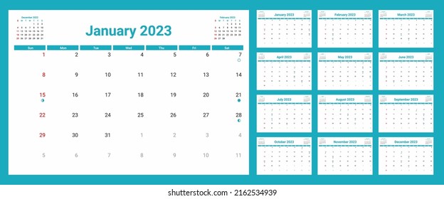 2023 calendar template with moon phases. Week starts on sunday. Wall calender in a minimalist style. Monthly cycle planner. Horizontal grid. Agenda organizer. Vector illustration