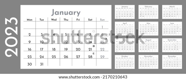 2023 Calendar Template Moon Phases Week Stock Vector (Royalty Free ...