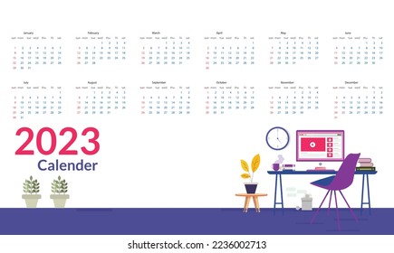 2023 Calendar template, office, graphic, desk, 2023 year, planner