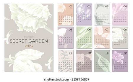 2023 calendar template on a botanical theme. Modern calendar design concept with abstract seasonal flowers. Set of 12 months 2021 pages. Vector illustration