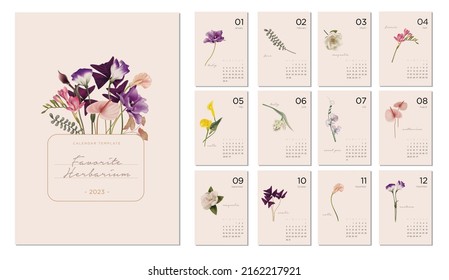 2023 calendar template on a botanical theme. Calendar design concept with abstract seasonal flowers and plants. Set of 12 months 2022 pages. Herbarium. Vector illustration svg