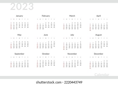 2023 Calendar Template with Place for Company contacts and Logo. Vector layout of a wall or desk simple calendar with week start sunday in minimal business style.
