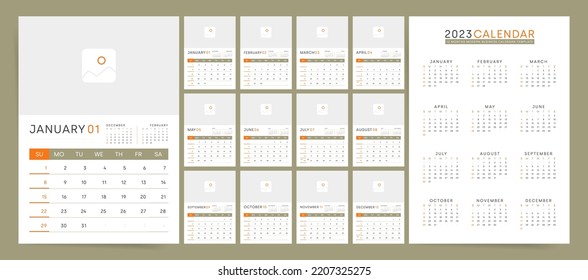 2023 calendar template with place for photo. Week starts on Sunday. Brown formal business annual calendar planner for 2023 year.