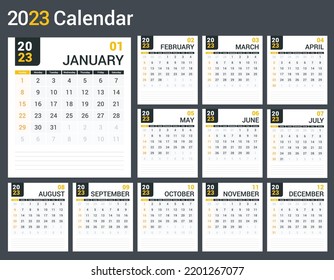 Plantilla de calendario 2023, planificador, 12 páginas, semana comienza el domingo, vector eps10 ilustración