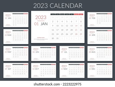 2023 Calendar template, planner, 12 pages, week starts on Monday, vector eps10 illustration